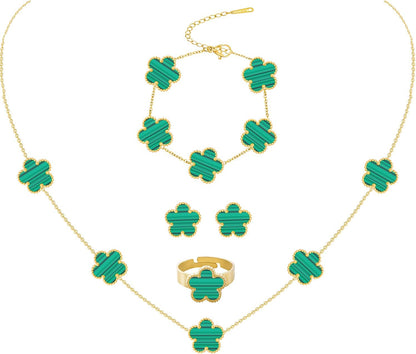 Gold Plated Stainless Steel Four Leaf Clover Bracelet Necklace Earrings and Ring Jewelry Set for Women