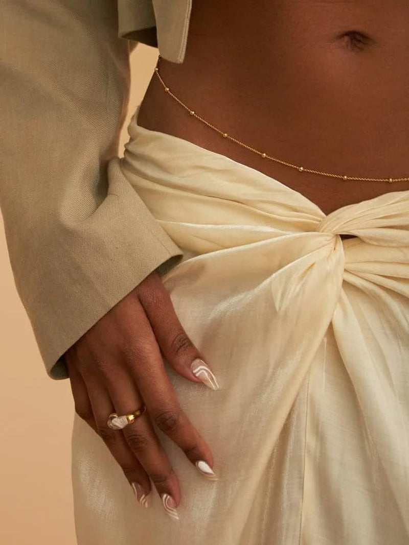 ASCOMY Waist Chains for Women 14K Gold Plated 2Pcs Body Chains Layered Cuban Pearl Satellite Beads Rope Coin Heart Pendant Belly Belt Body Chains Adjustable Bikini Body Jewelry for Women