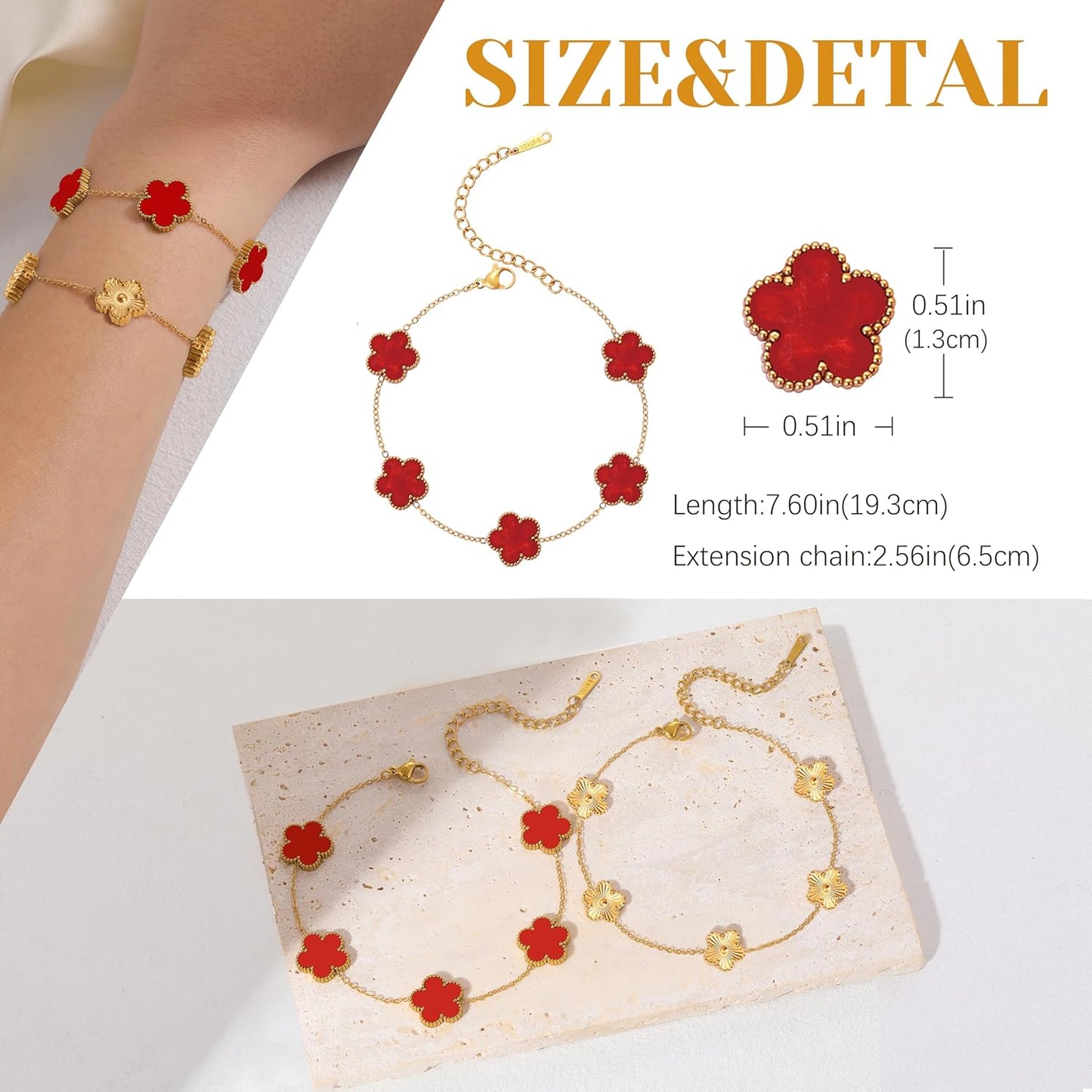 Five Leaf Clover Bracelet for Women-18K Gold Plated Lucky Link Grass Bracelets Stainless Steel White/Black/Blue/Gold/Crystal Flower Trendy Jewelry Gifts (Gold+Red)