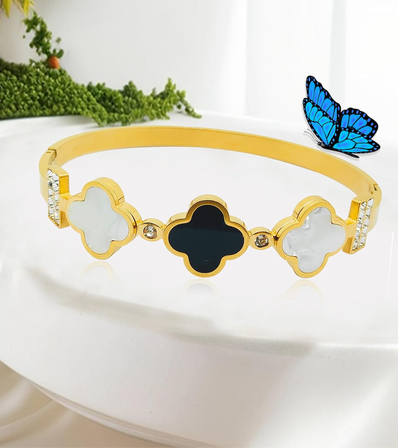 Clover Bracelet for Women, Stainless Steel Four Leaf Clover Bracelet, 18K Gold Plated Stackable Bracelet Jewelry, Lucky Love Cuff Bangle, Birthday Gift for Women