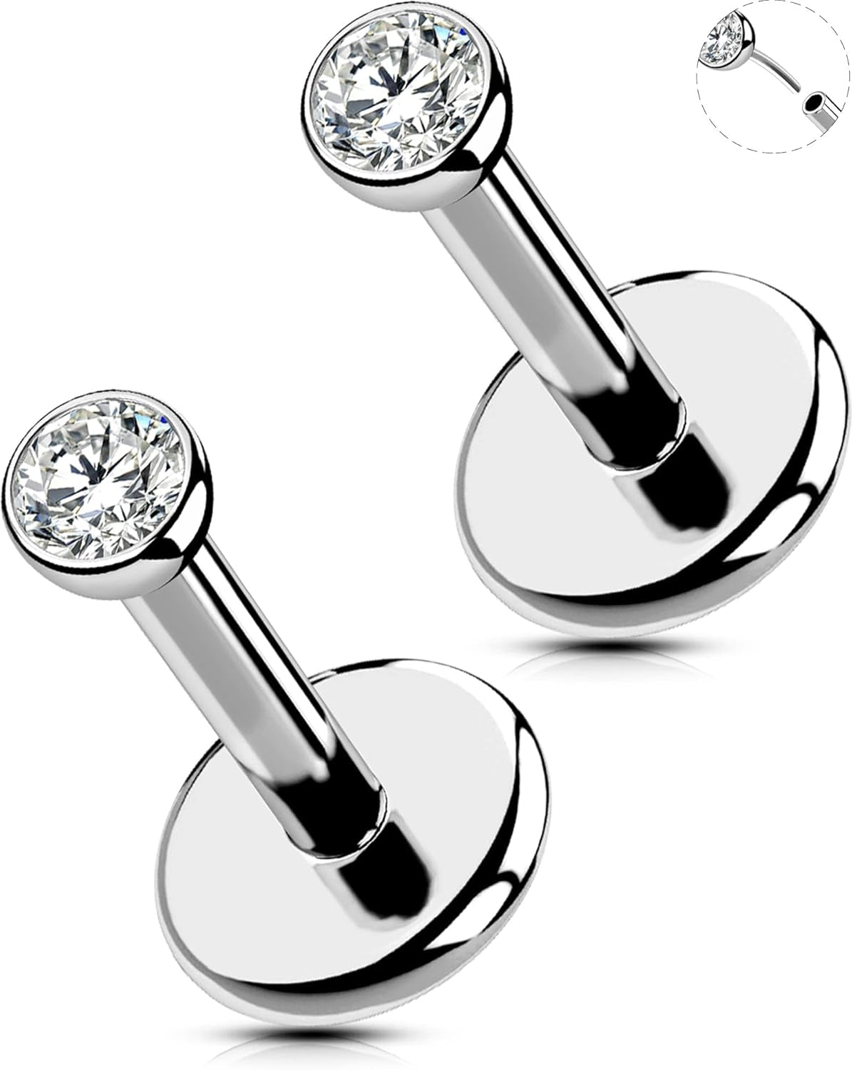 OUFER 2Pcs 20G/18G/16G G23 Titanium Threadless Nose Stud Earrings Flat Back Tiny CZ Small Nose Helix Cartilage Tragus Conch Labret Medusa Monroe Piercing Jewelry for Women Men