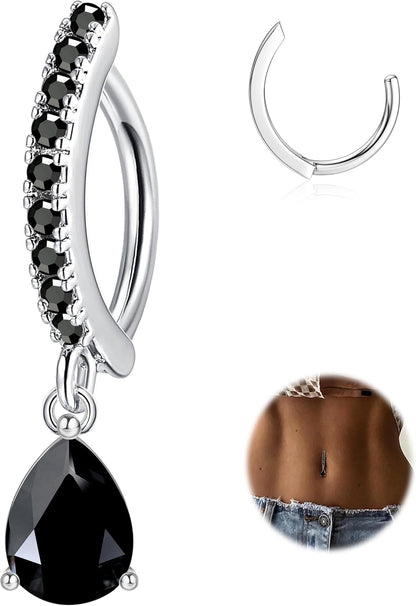 FIBO STEEL 14G Clicker Belly Rings 316L Surgical Steel Dangle Belly Button Ring CZ Teardrop Pendant Navel Rings Barbell Body Piercing Jewelry