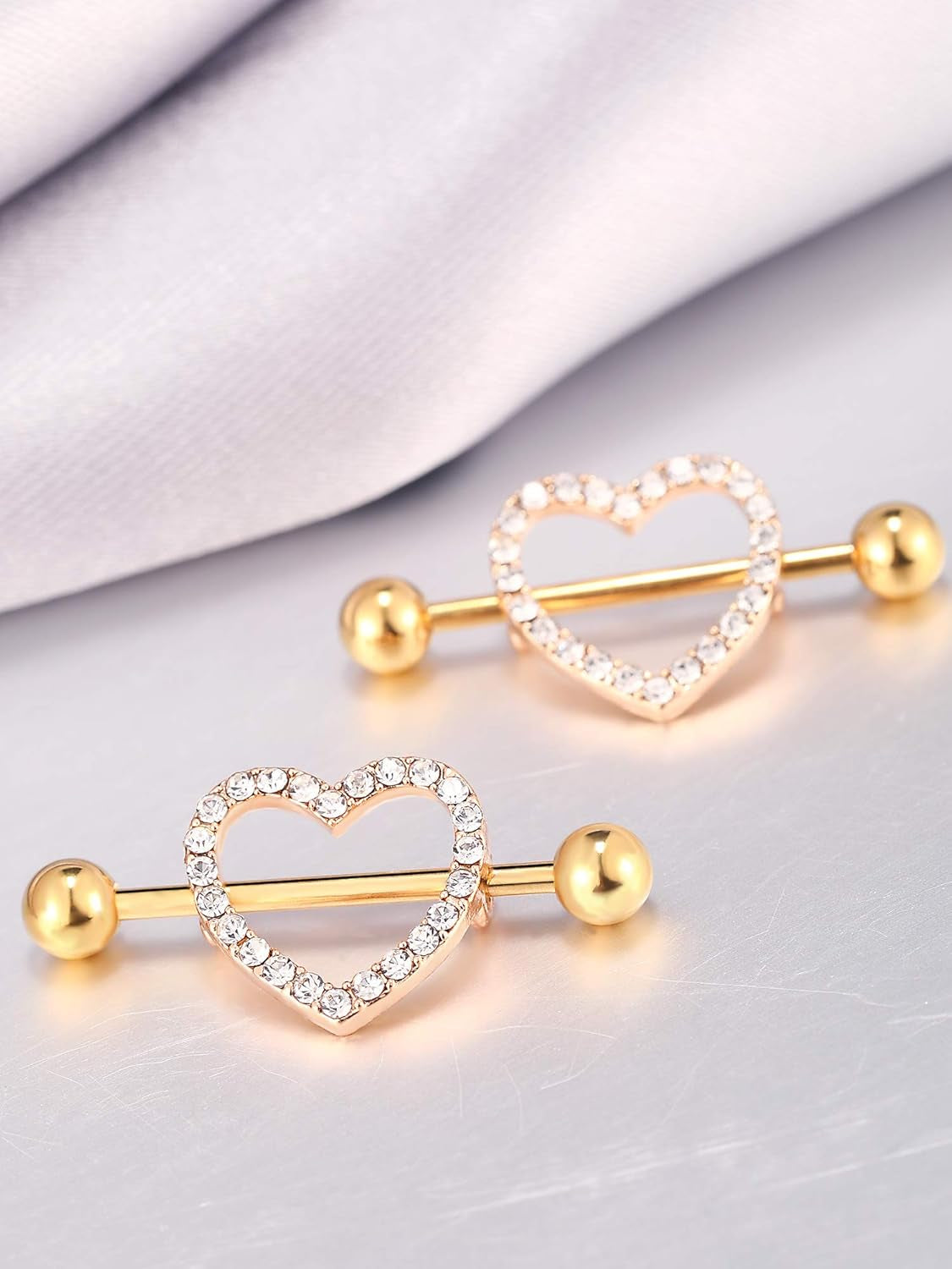 Tatuo 4 Pairs Stainless Steel Nipple Tongue Rings Piercing Body Jewelry Barbell CZ Heart Shape Rings for Women Girls(Gold Bar and White Zirconia)
