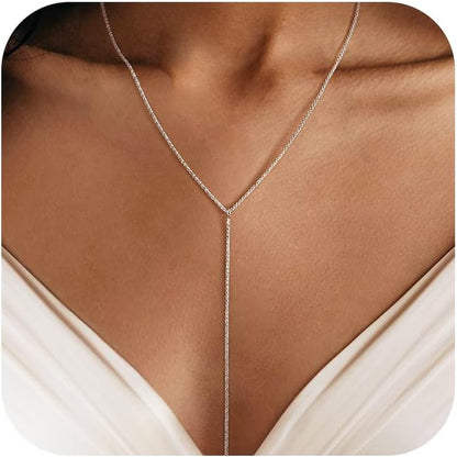 Gold and Silver Plated Layered Long Necklace for Women, Statement Y Body Chain, Sexy Dangle Drop Beach Boho Bolo Cleavage Necklace for Vacation or Prom