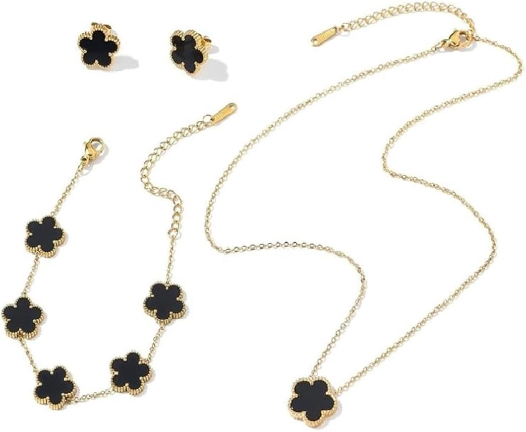 Generic 3 PCS Lucky Clover Necklace Set, 18K-Gold Plated Trendy Lucky Clover Bracelet, Necklace, Earrings Jewelry Set,Gifts for Mom, Wife, Daughter，Friends, Black