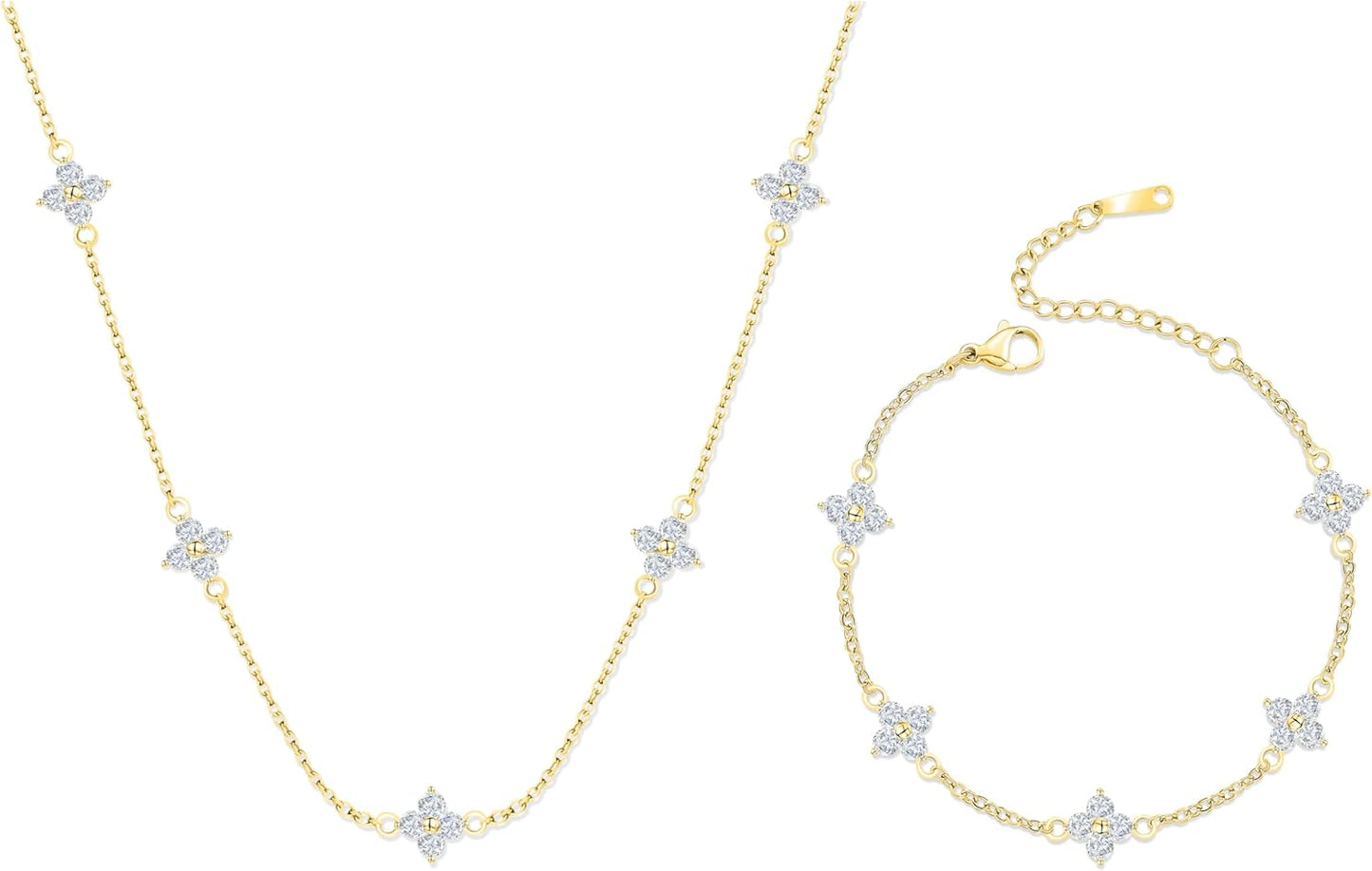 Dainty Clover Choker Bracelet Set for Women | 18K Gold Plated Cubic Zirconia Necklace and Link Bracelet | Four Leaf Lucky Jewelry for Her