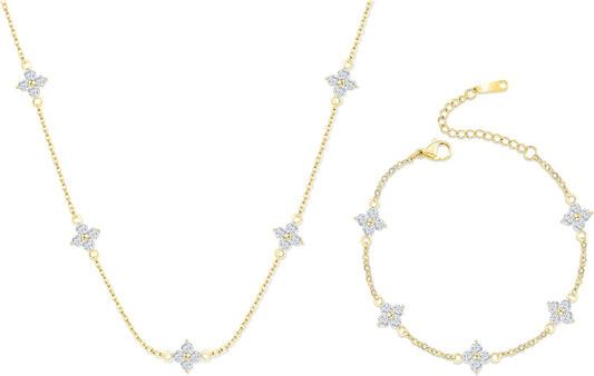 Dainty Clover Choker Bracelet Set for Women | 18K Gold Plated Cubic Zirconia Necklace and Link Bracelet | Four Leaf Lucky Jewelry for Her