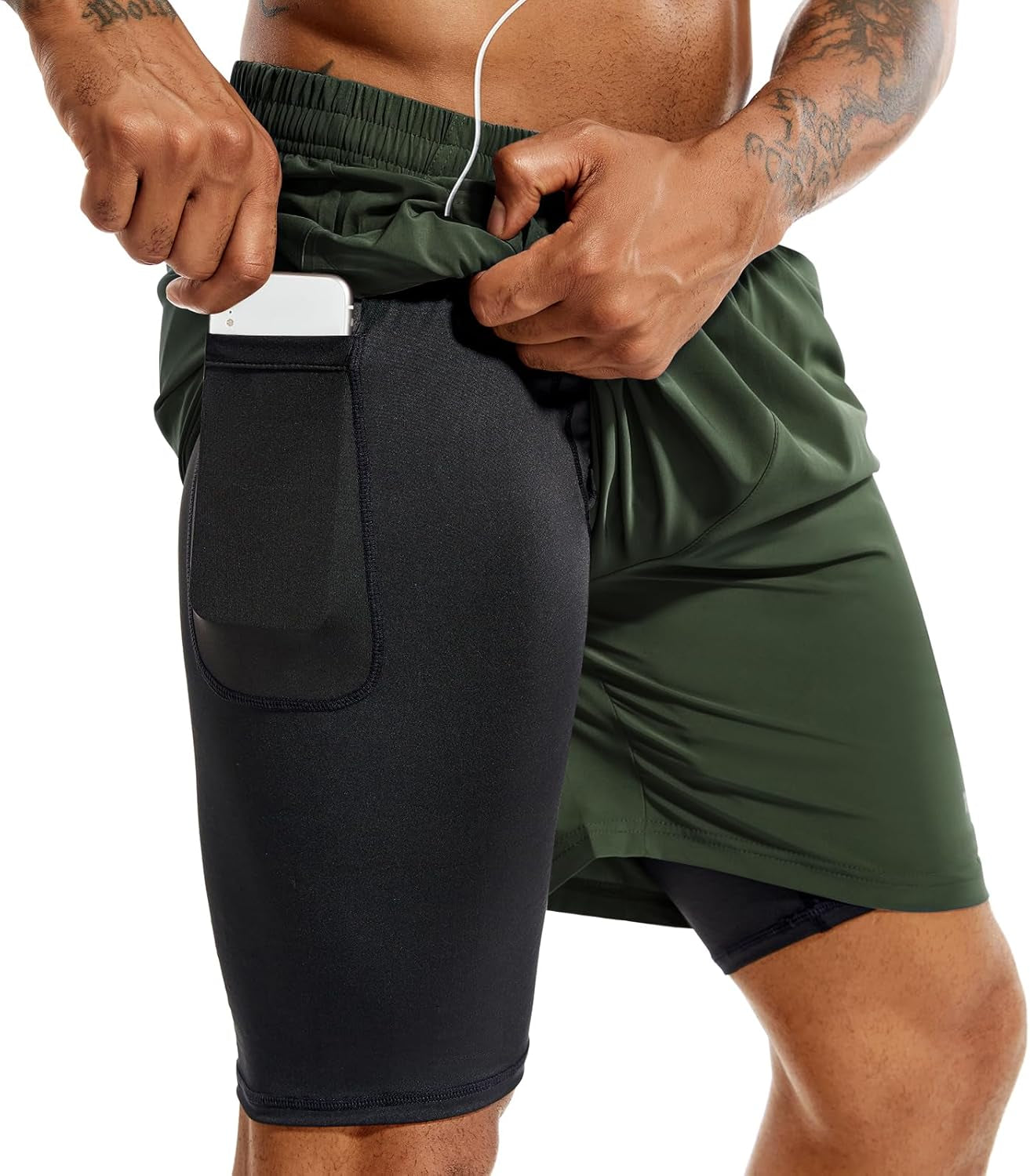 TENJOY Men'S 2 in 1 Running Shorts 5 in or 7 in Quick Dry Gym Athletic Workout Shorts for Men with Phone Pockets