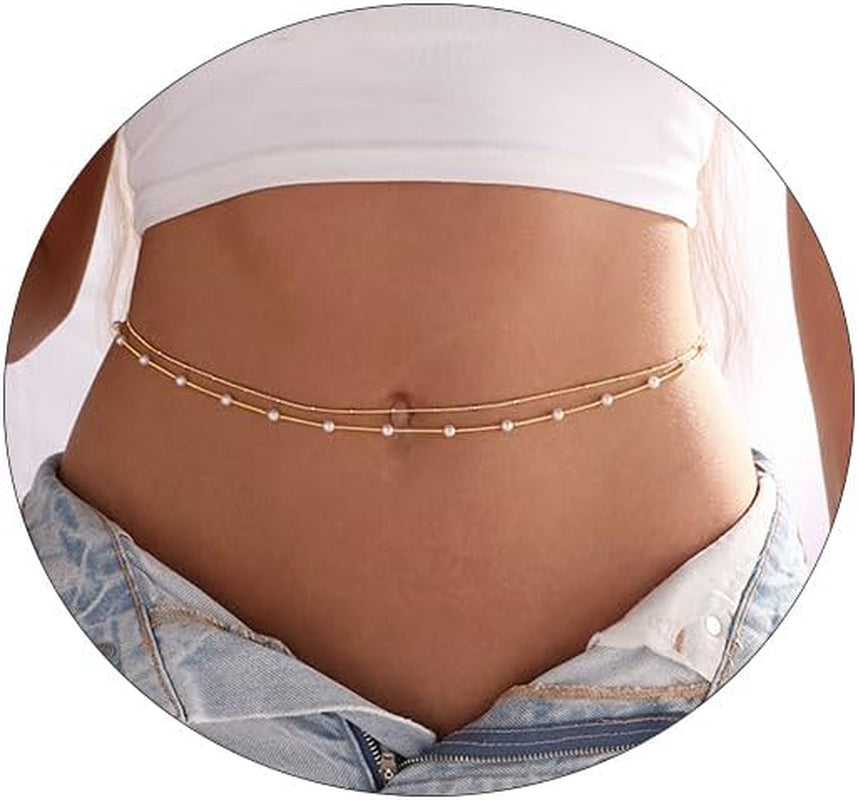 2PCS 18K Gold Plated Waist Chain Satellite Body Chain Layered Rope Waist Chains Sexy Bikini Beach Waist Chain for Women Waterproof Adjustable 26.5-33Inch