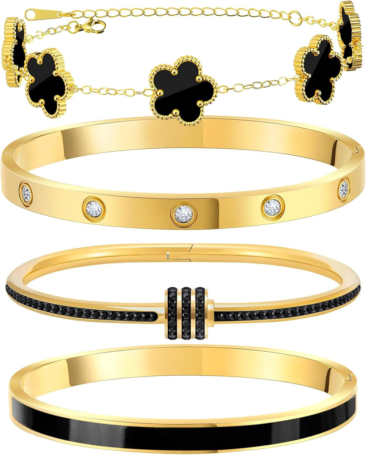 Gold Bracelets for Women, 18K Gold Plated Tennis Nail Clover Love Bangle Bracelets Set Non Tarnish, Stainless Steel Trendy Stackable Bracelet Fashion Jewelry Accessories Gifts for Christmas