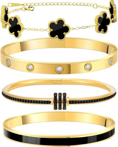 Gold Bracelets for Women, 18K Gold Plated Tennis Nail Clover Love Bangle Bracelets Set Non Tarnish, Stainless Steel Trendy Stackable Bracelet Fashion Jewelry Accessories Gifts for Christmas