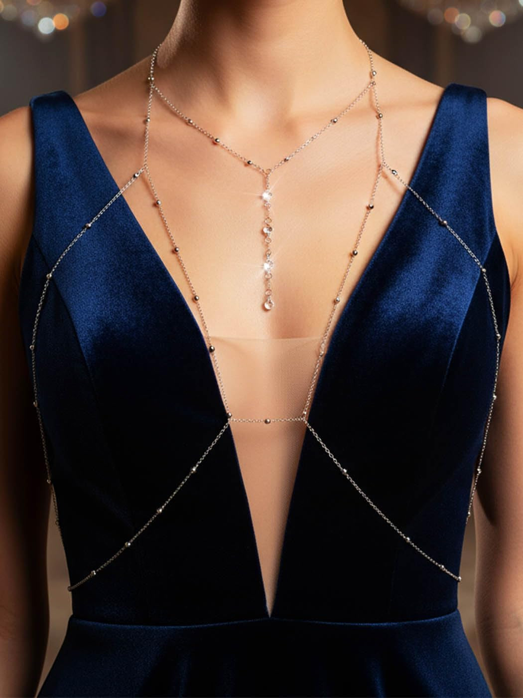 Urieo Sparkly Beads Bra Chain Silver Crystal Chest Chains Rhinestone Layered Sexy Nightclub Beach Rave Body Chain for Women