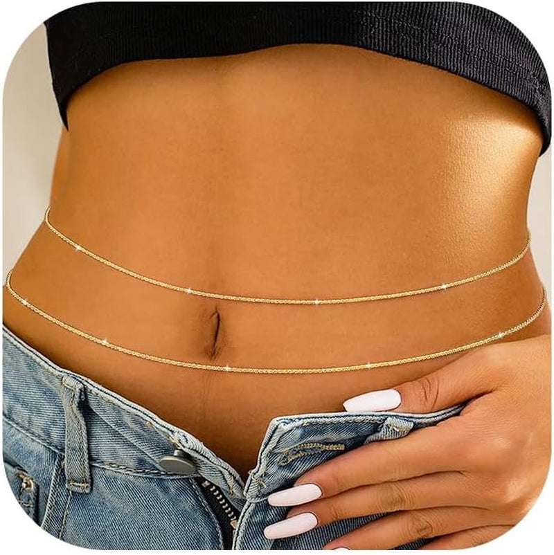 MOODEAR Christmas Gifts Waist Chain for Women - Waterproof 14K Gold Plated/Silver Layered Belly Beads Chains with Drop Cubic Zirconia Body Chain Jewelry Sexy Bikini Belt Gift for Summer Beach