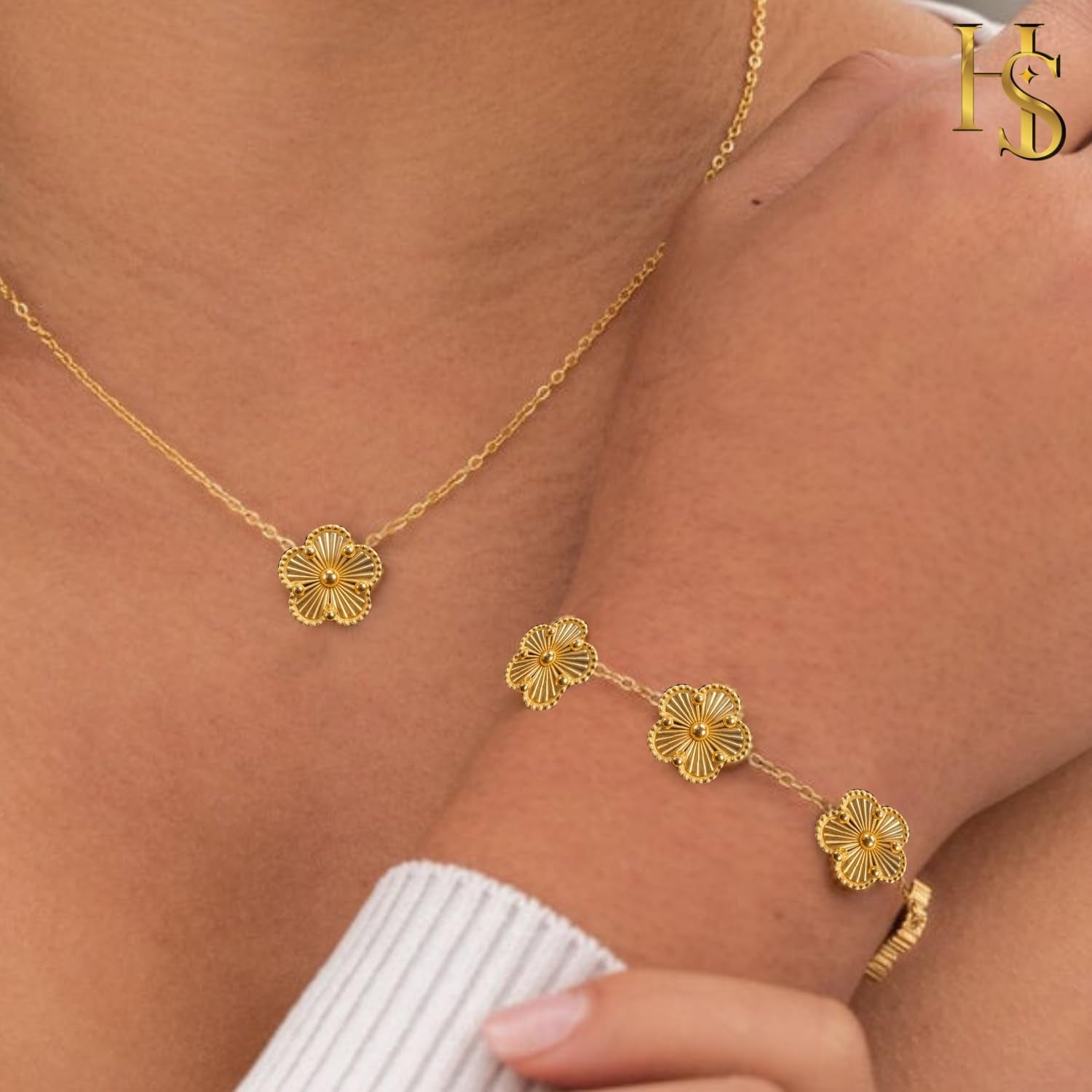 Highspark Four Leaf Jewelry Set for Women | Designer Clover Necklace Earrings Bracelet Set | Lovely Gift