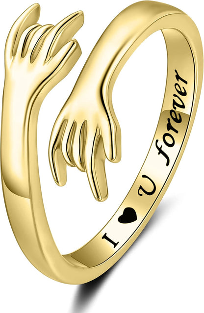 ZOEXUE Hug Rings for Women Sterling Silver - White Gold/18K Gold/Thick and Thin Ring Hugging Rings for Men Rock Hip Pop Hand Band Rings I Love You Forever Hugging Hand Ring Jewelry