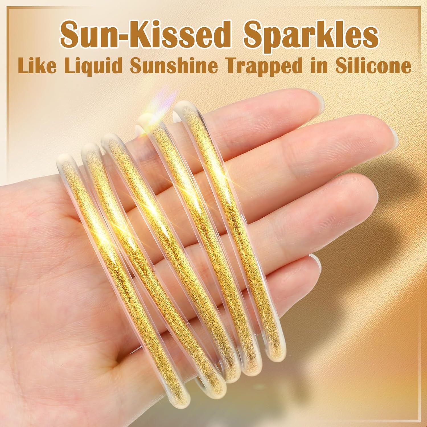 Alphatool Glitter Jelly Gold Bangles Bracelets for Women - Gold Soft Silicone Sparkling Ladies Fashion Stackable Jewelry Gift for Party