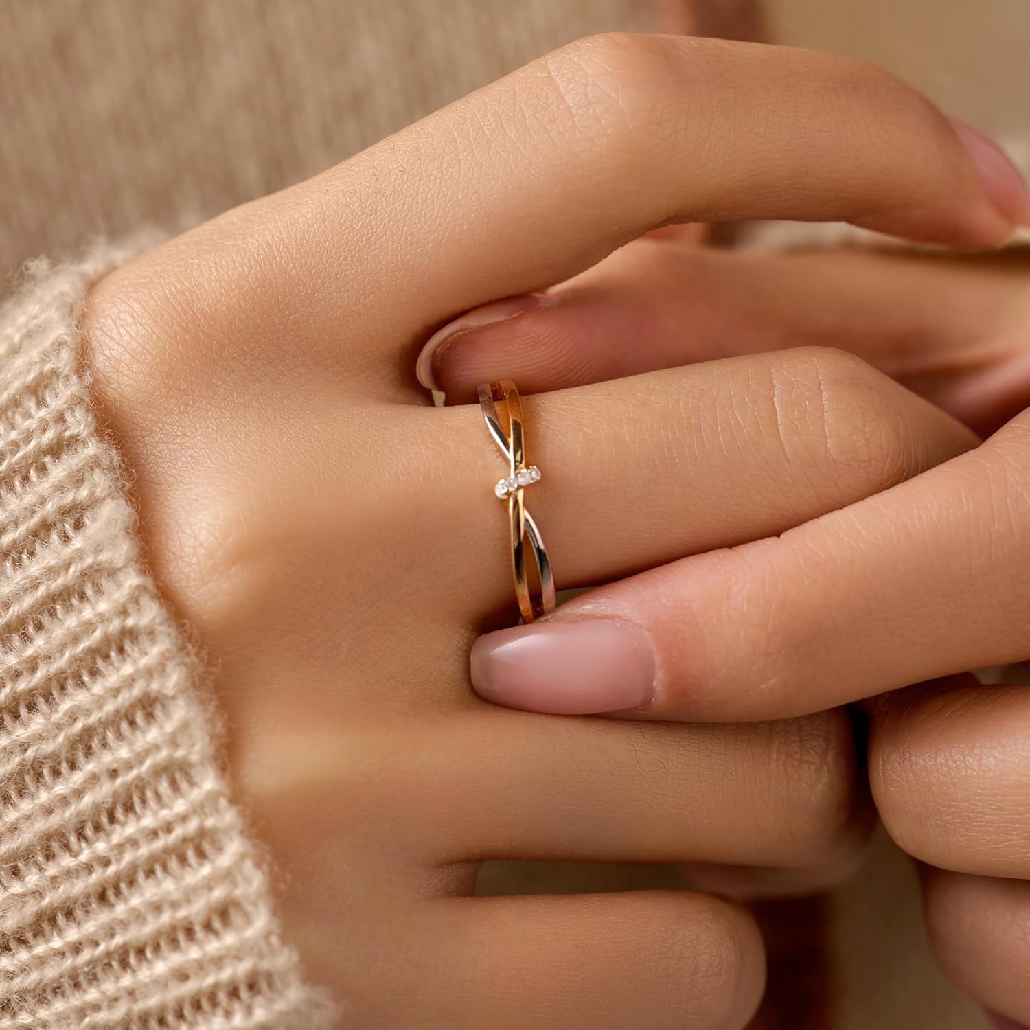 Twisted Knot CZ Ring for Women 925 Sterling Silver Infinity Love Promise Ring 14K Gold Plated Intertwine Ring to Daughter Mother Wedding Band Engagement Ring Birthday Christmas Jewelry Gifts