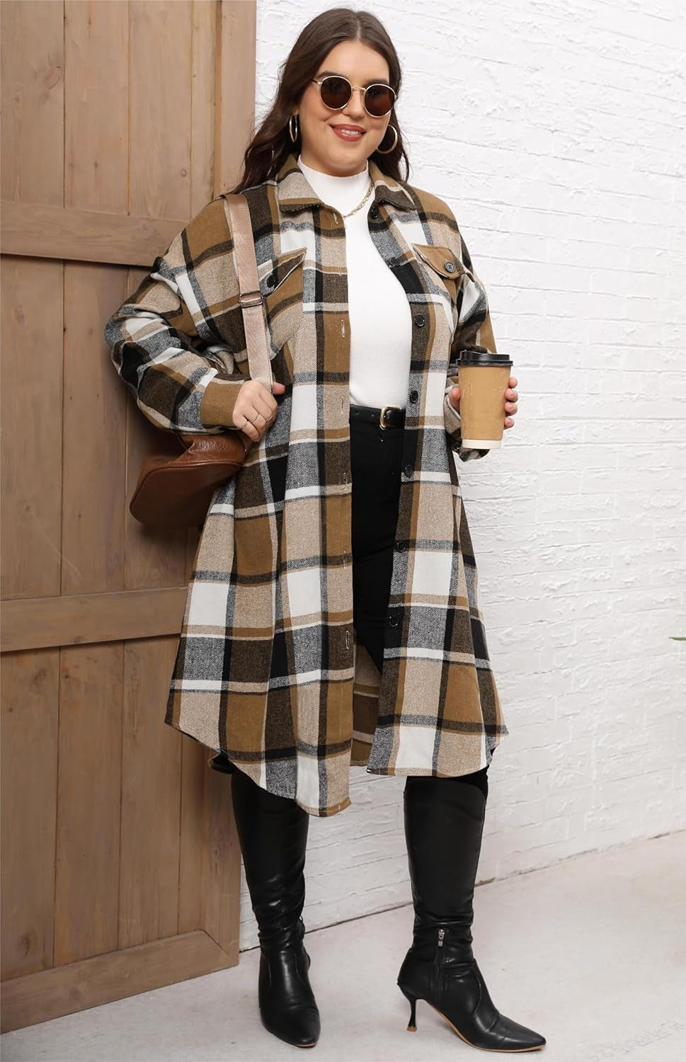 Loose-fit boyfriend flannel shirt jacket for plus size