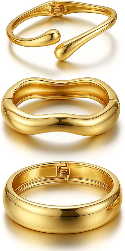 Chunky Gold Bangle Bracelets for Women, 14K Gold Plated Dainty Cuff Stackable Bangles Set, Trendy Bracelet Stack Fashion Jewelry Gifts
