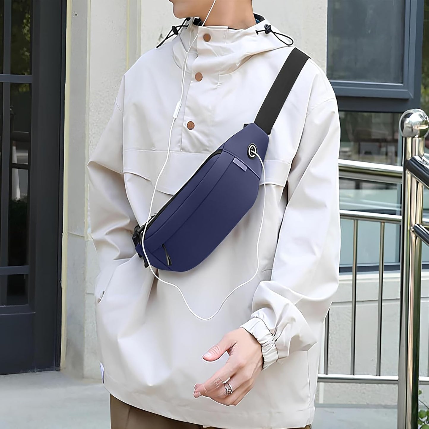 Large Crossbody Waist Bag with 3 Zipper Pockets and Earphone Port, Hands-Free Wallet and Phone Bag for Travel, Running, Festivals, and Sports, Fits All Cell Phones - Black