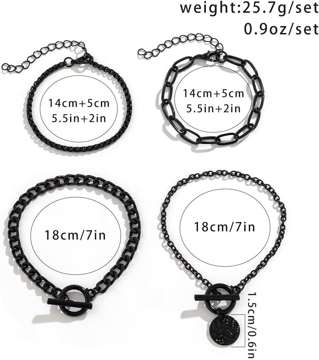 4Pcs Goth Black Stackable Bracelets Set for Women Gothic Statement Gold Coin OT Buckle Bracelet Vintage Paperclip Chain Y2K Party Hallowmas Jewelry Gifts