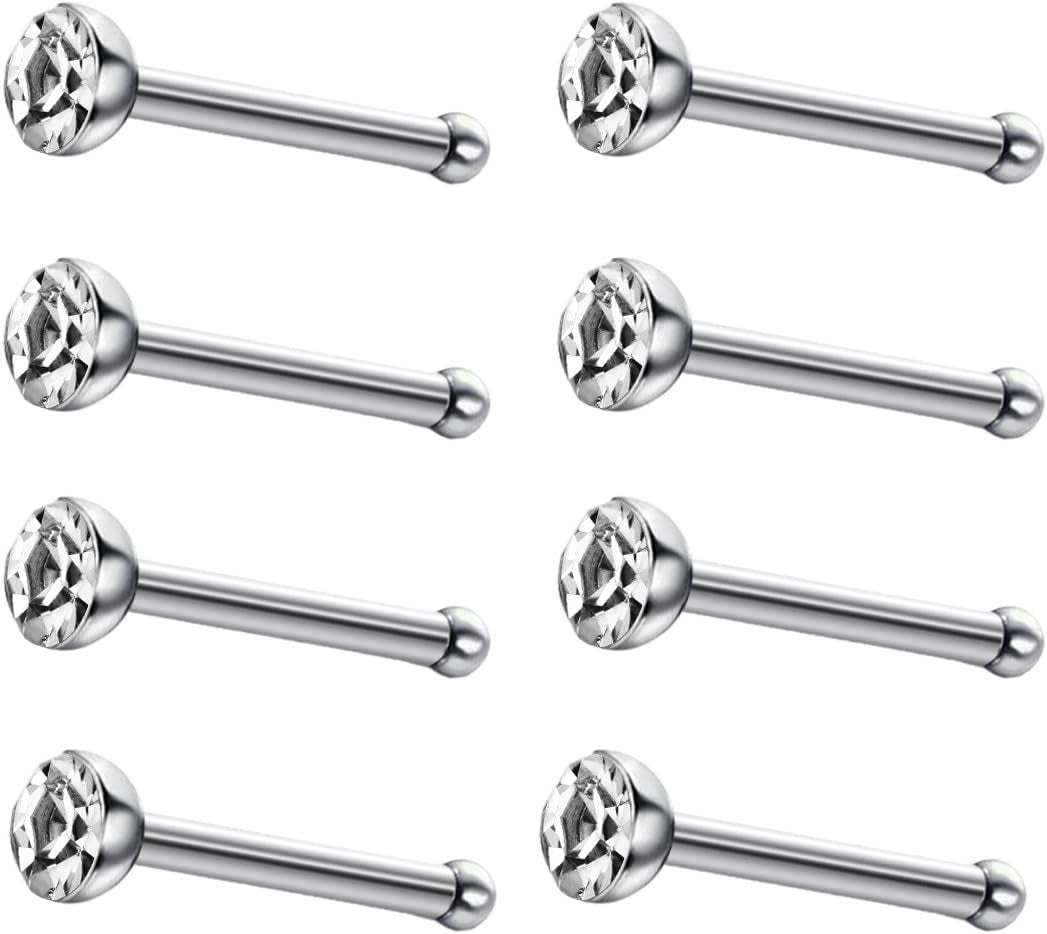 JEWELRIESHOP 40Pcs Nose Studs Stainless Steel CZ Nose Rings Pins Piercing Jewelry Bone Studs for Women Men Hypoallergenic 22G