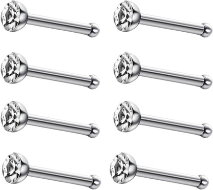 JEWELRIESHOP 40Pcs Nose Studs Stainless Steel CZ Nose Rings Pins Piercing Jewelry Bone Studs for Women Men Hypoallergenic 22G