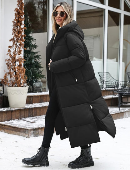 Women modeling black long quilted puffer coat in winter setting