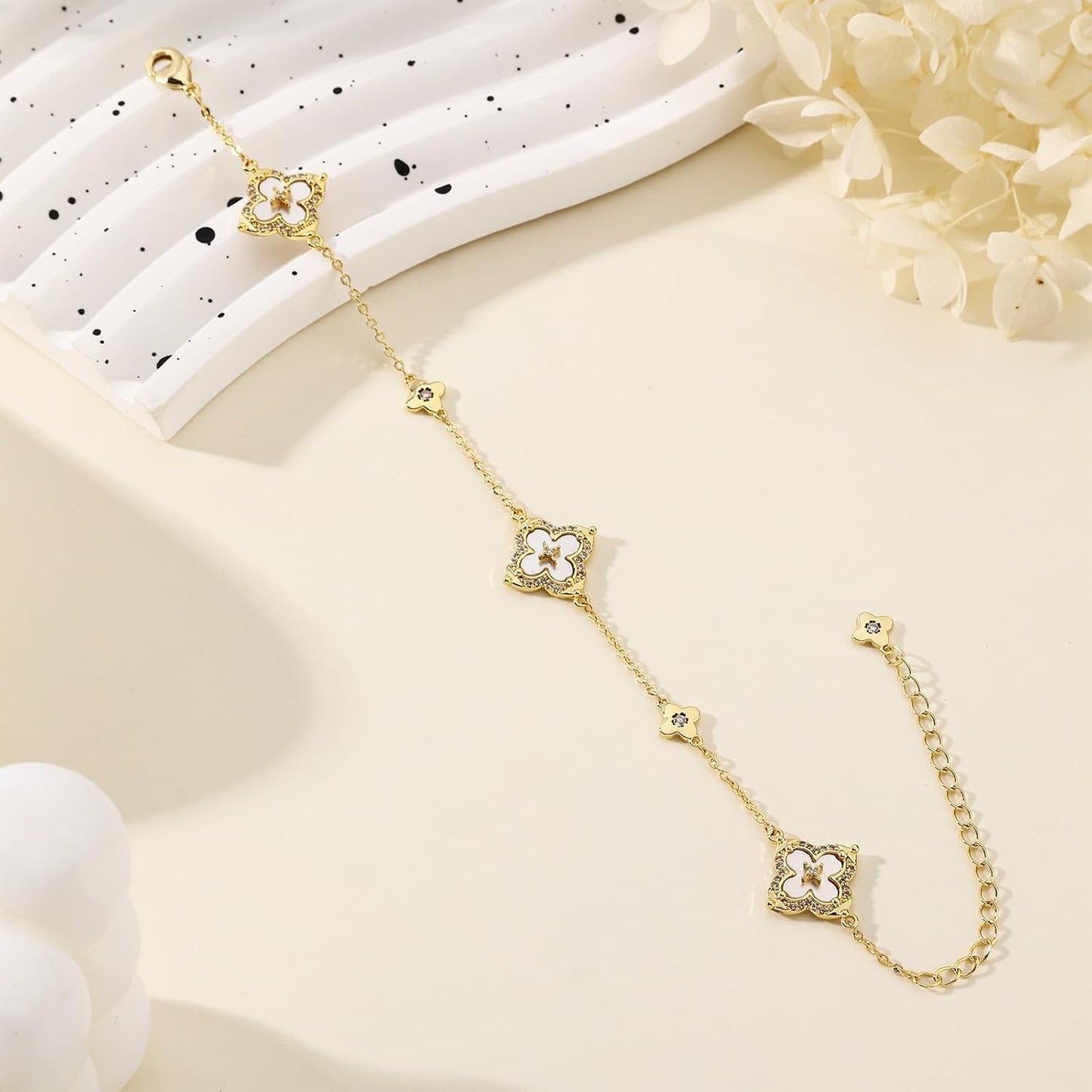 FEEL STYLE Clover Bracelet for Women - 14K Gold/Silver Plated Charm Bracelet with Mother of Pearl & Cubic Zirconia - Lucky Four Leaf Jewelry Gift Adjustable 6.5"+2" Extender