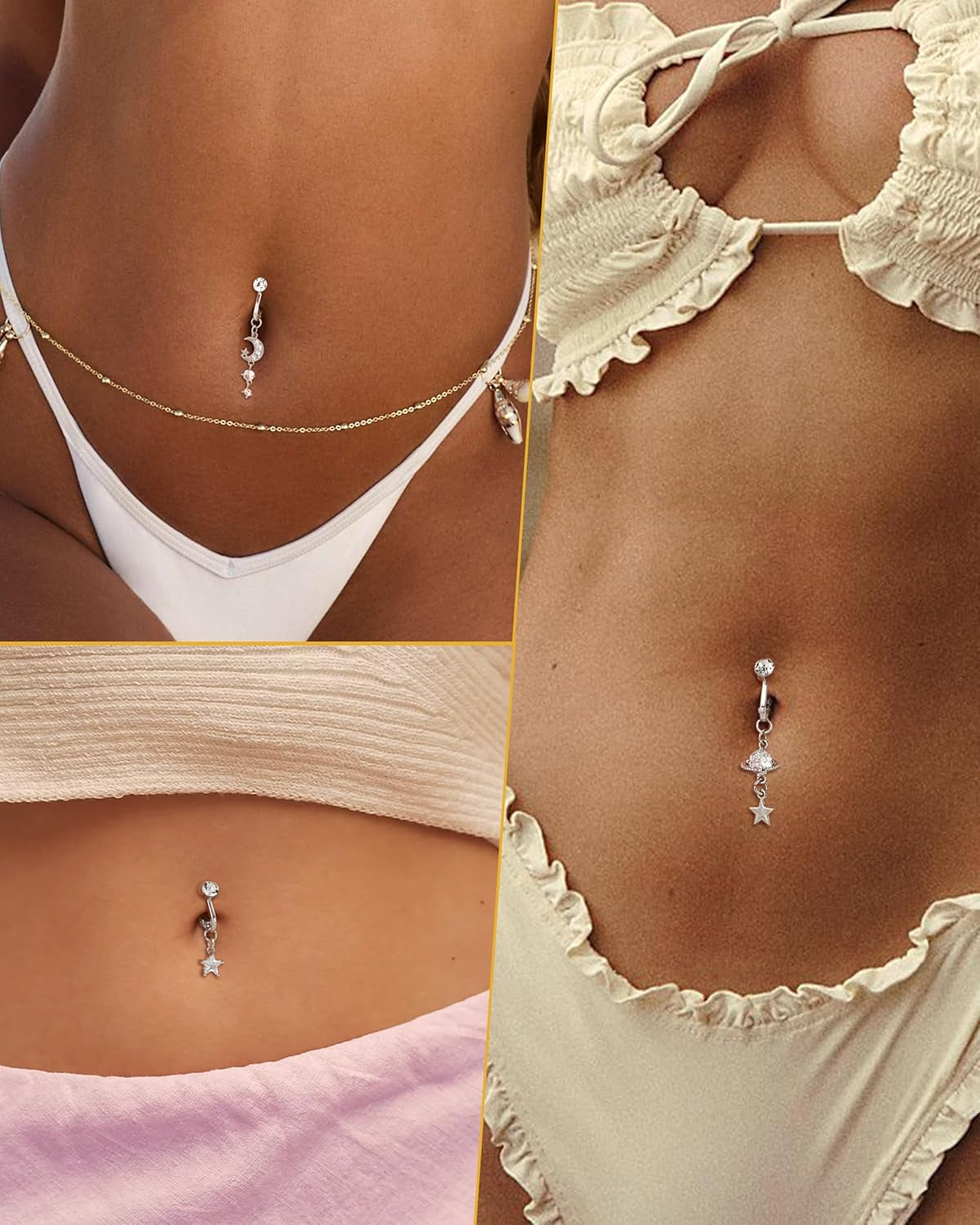COCHARM 3PCS Fake Belly Button Rings Clip on Belly Navel Rings for Women Men Stainless Steel Belly Button Piercing Silver/Gold