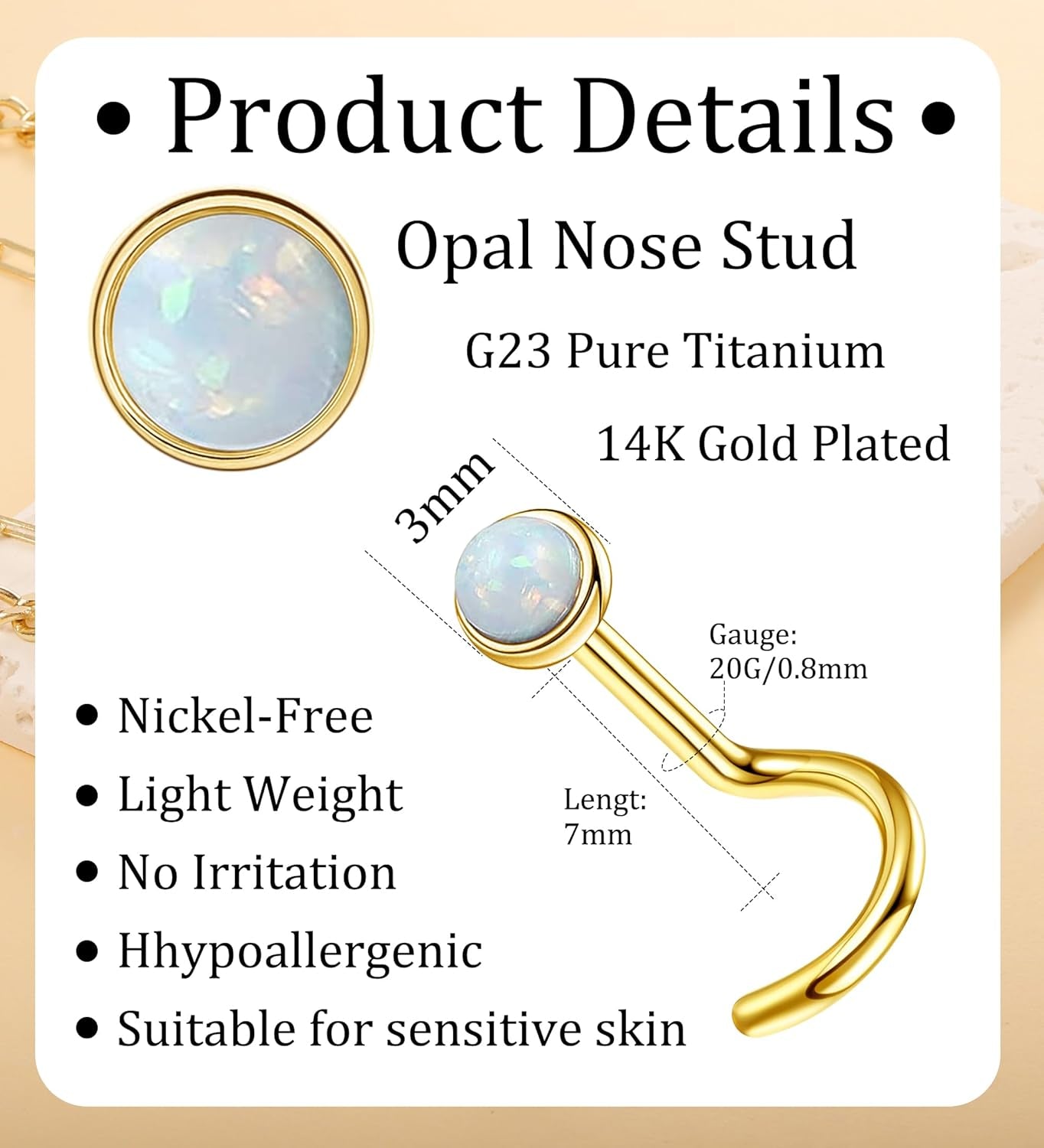 3Mm G23 Titanium Opal Nose Rings Studs Hypoallergenic L Shaped Screw Small Nose Rings for Women Men 20G Handmade 14K Gold Plated Nose Nostril Piercing Jewelry