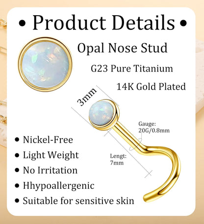3Mm G23 Titanium Opal Nose Rings Studs Hypoallergenic L Shaped Screw Small Nose Rings for Women Men 20G Handmade 14K Gold Plated Nose Nostril Piercing Jewelry