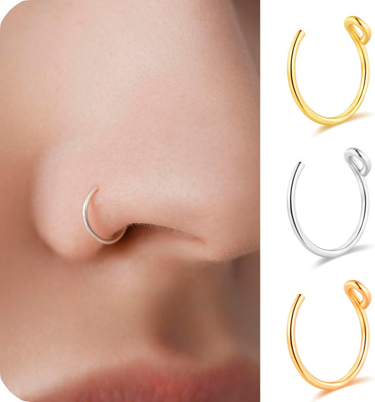 Set of 3 - Fake Clip on Nose Ring Hoop for Women - No Piercing Needed Nose Cuff - 22 Gauge - 7Mm - Faux Nose Septum Ring - Gold, Sterling Silver, Rose Gold - 22G