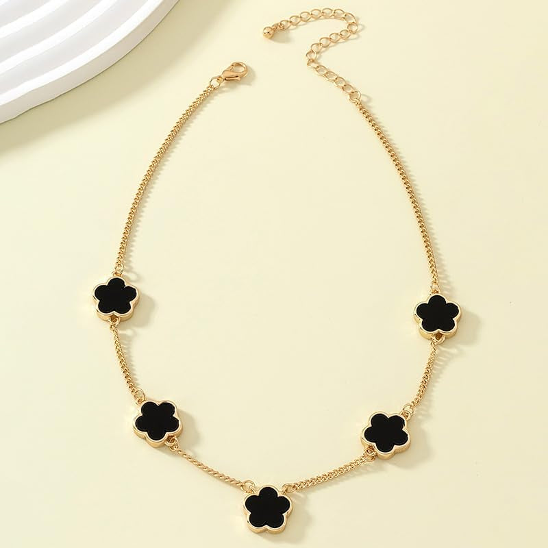 1 PC Five-Leaf Clover Flower Necklace, Black and Gold Tone Chain Jewelry for Women, Trendy Accessory for Casual Wear, Fashionable Jewelry for Her (Black&Gold)