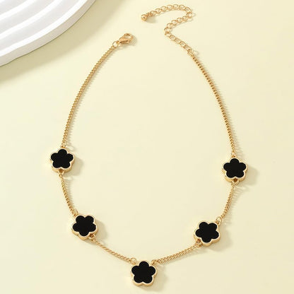 1 PC Five-Leaf Clover Flower Necklace, Black and Gold Tone Chain Jewelry for Women, Trendy Accessory for Casual Wear, Fashionable Jewelry for Her (Black&Gold)