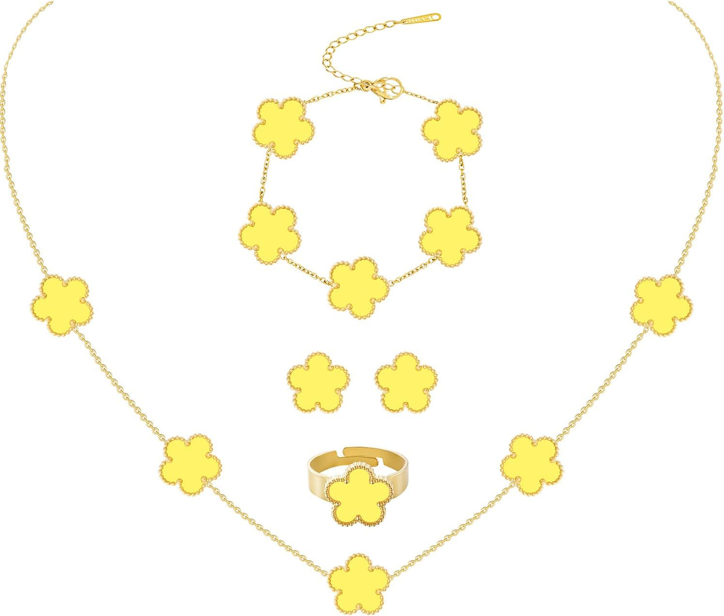 Gold Plated Stainless Steel Four Leaf Clover Bracelet Necklace Earrings and Ring Jewelry Set for Women