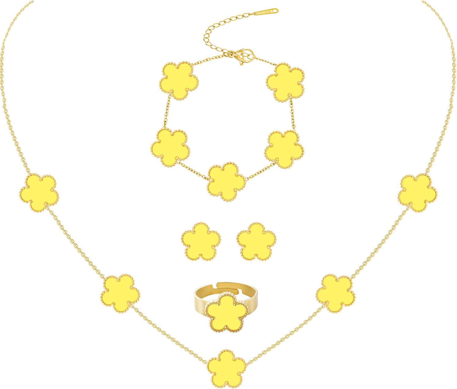 Gold Plated Stainless Steel Four Leaf Clover Bracelet Necklace Earrings and Ring Jewelry Set for Women