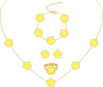 Gold Plated Stainless Steel Four Leaf Clover Bracelet Necklace Earrings and Ring Jewelry Set for Women