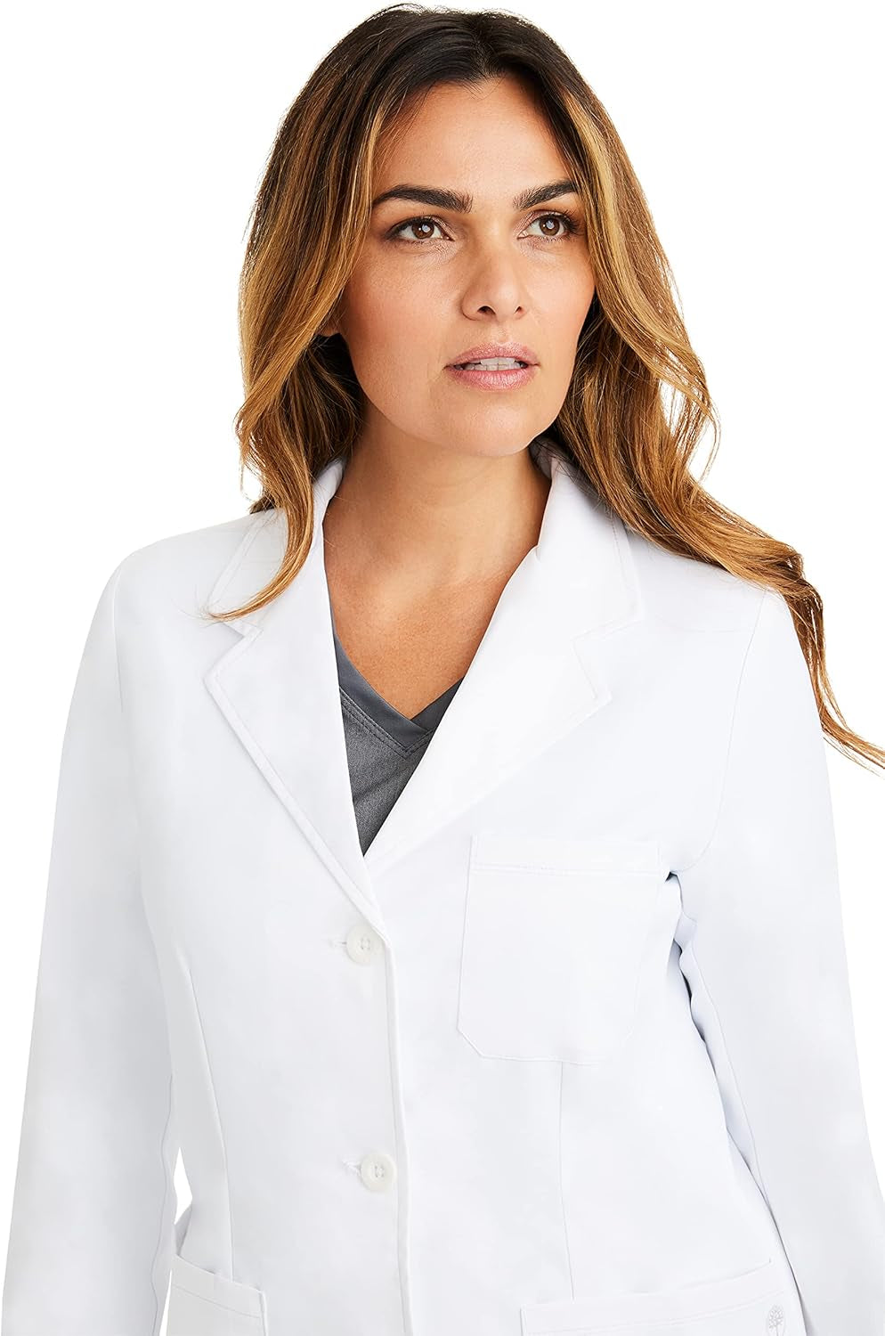 Woman wearing white lab coat in medical consultation setting