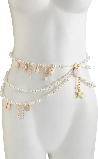 Summer Beach Shell Conch Pendant Waist Chain Belt Festival Rave Pearl Waist Body Chain Multi-Layered Pearl Belly Chain Jewelry Outfit Dress Body Jewelry for Women