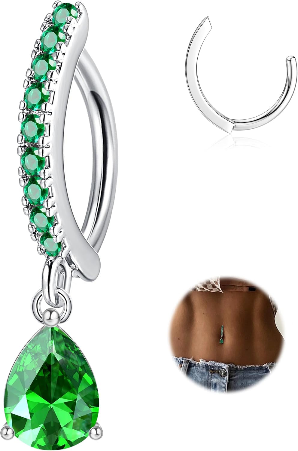 FIBO STEEL 14G Clicker Belly Rings 316L Surgical Steel Dangle Belly Button Ring CZ Teardrop Pendant Navel Rings Barbell Body Piercing Jewelry