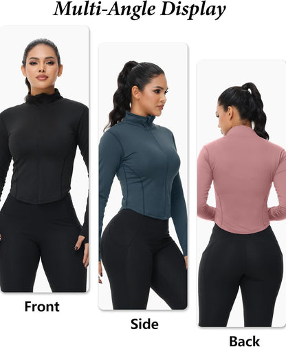 Woman in gym wearing Dalavch cropped zip jacket during cardio workout