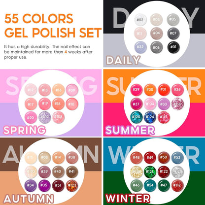 Gel nail polish colors arranged showing 55 vibrant shade options
