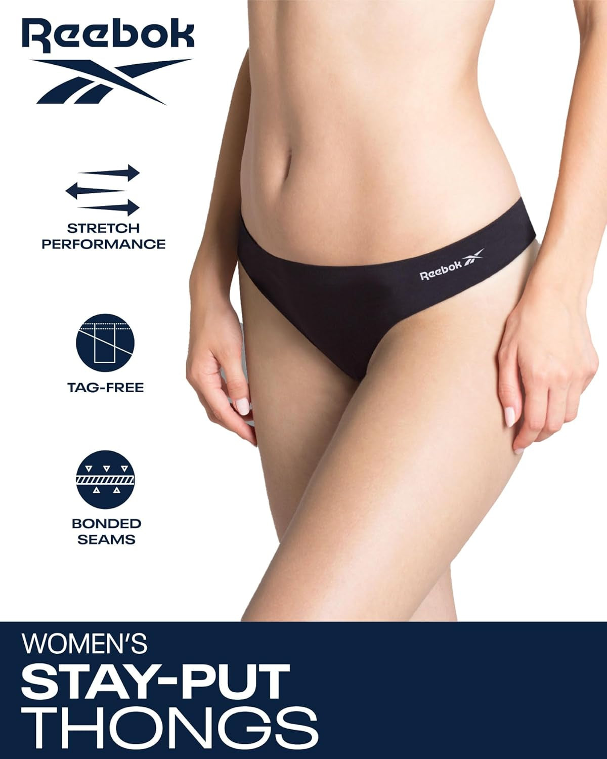 Reebok 3-pack thong panties displayed in multiple colors