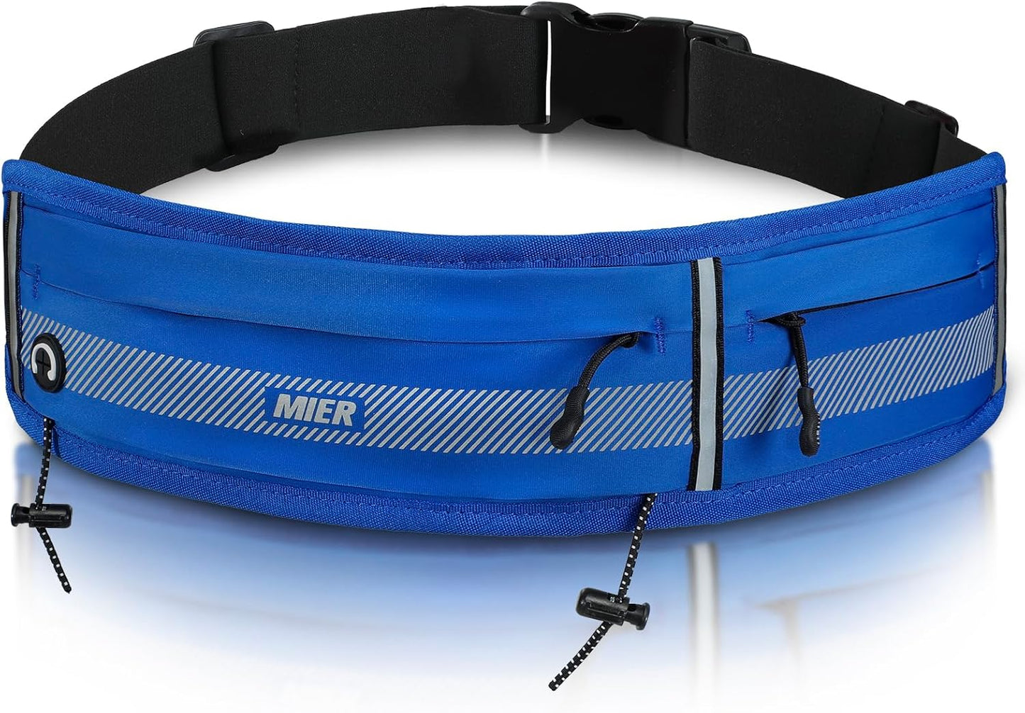 Woman wearing MIER running belt during marathon with race bib clip attached