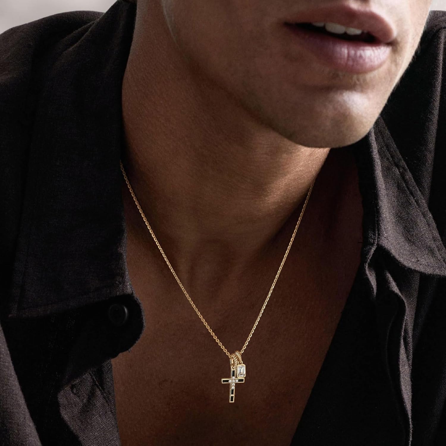 Fettero Gold Cross Necklace for Women - Double Pendant Necklace Dainty 14K Gold Plated Removable Cross Necklace Cute Simple CZ Diamond Necklaces for Women Trendy Faith Gold Jewelry Gift