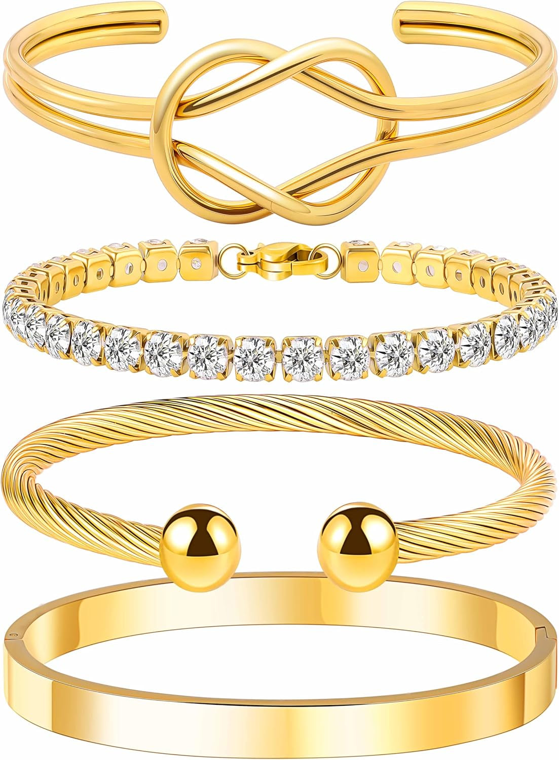 Gold Cuff Stack Bracelet for Women-18K Gold Plated Cubic Zirconia Tennis Bracelet, Love Bangle Stainless Steel Non-Tarnish Jewelry Set for Women Trendy