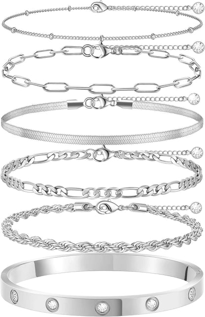 Gold Bracelets for Women Non Tarnish, Dainty 18K Gold Plated Bracelets Stack Trendy Waterproof Stackable Bangles, Cuban Link Paperclip Chain Jewelry Set Fashion Accessories Gifts for Women