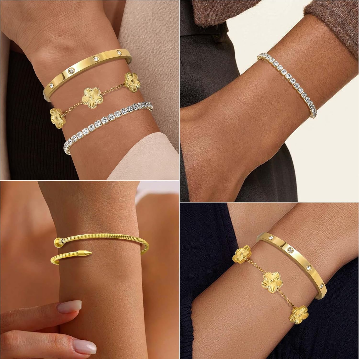 Gold Bracelets for Women, 18K Gold Plated Tennis Nail Clover Love Bangle Bracelets Set Non Tarnish, Stainless Steel Trendy Stackable Bracelet Fashion Jewelry Accessories Gifts for Christmas