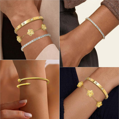 Gold Bracelets for Women, 18K Gold Plated Tennis Nail Clover Love Bangle Bracelets Set Non Tarnish, Stainless Steel Trendy Stackable Bracelet Fashion Jewelry Accessories Gifts for Christmas